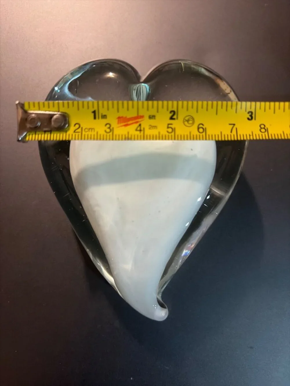Vintage Heart-Shaped Art Glass Paperweight With White Heart Inside Design